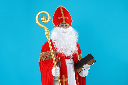 Saint Nicholas with book and crozier on blue backgroundの写真素材