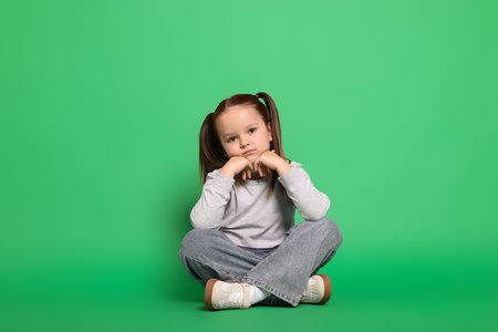 Portrait of cute little girl on green backgroundの写真素材
