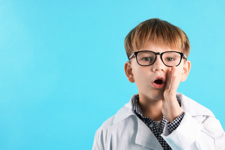 Emotional little boy in laboratory coat and glasses on light blue background, space for text. Child and scienceの写真素材