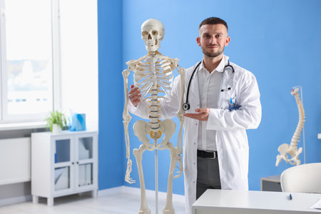Doctor showing human skeleton model in hospital