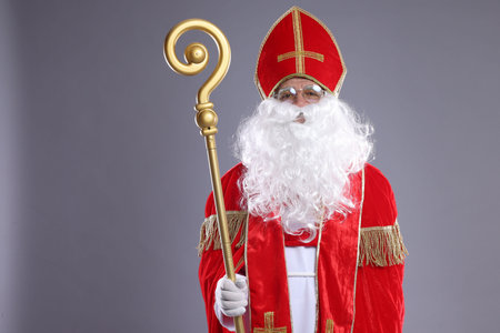 Saint Nicholas with crozier on light backgroundの写真素材