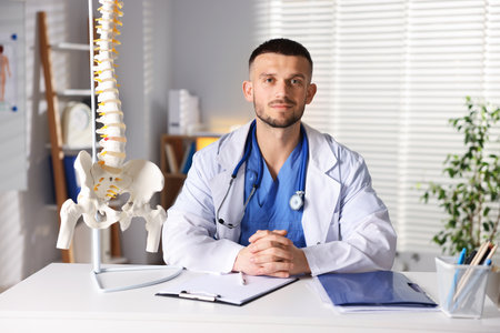 Doctor with human spine model in hospital