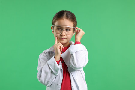Thoughtful little girl in laboratory coat and protective goggles on green background. Child and scienceの写真素材