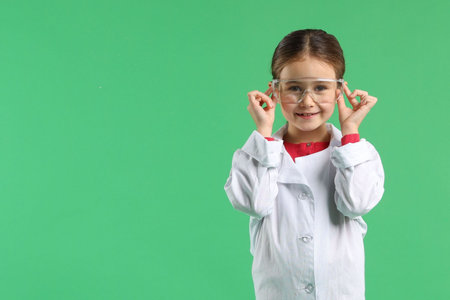 Smiling little girl in laboratory coat and protective goggles on green background, space for text. Child and scienceの写真素材