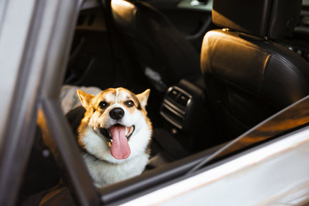 Cute dog peeking out car window, view from outside. Adorable petの写真素材