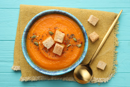 Tasty pumpkin cream soup with seeds and croutons served on light blue wooden table, flat layの写真素材