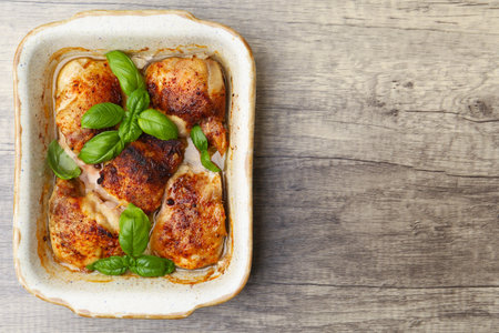 Tasty cooked chicken thighs with basil in baking dish on wooden table, top view. Space for textの写真素材