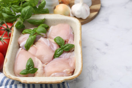 Raw chicken thighs with basil in baking dish and products on white marble table, closeup. Space for textの写真素材