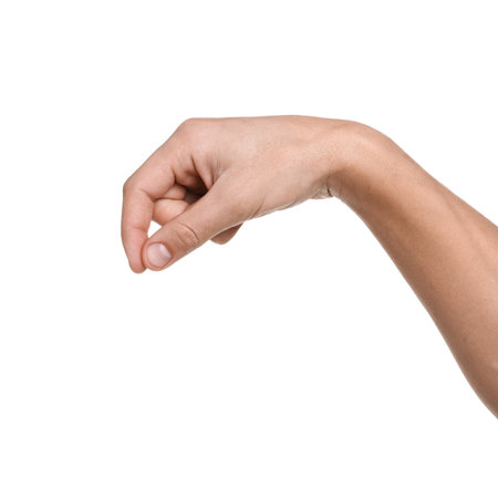 Hand holding something on white background, closeupの写真素材