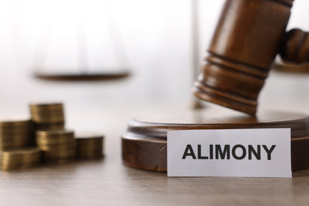 Paper note with word Alimony, judge's gavel and coins on wooden table, closeupの写真素材