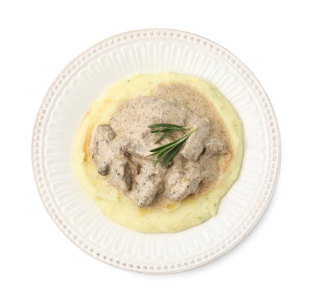 Delicious beef stroganoff with mashed potatoes and rosemary isolated on white, top viewの写真素材