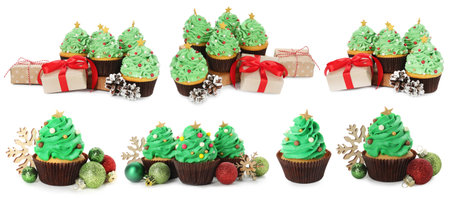 Christmas tree cupcakes, gift boxes and ornaments isolated on white, setの写真素材