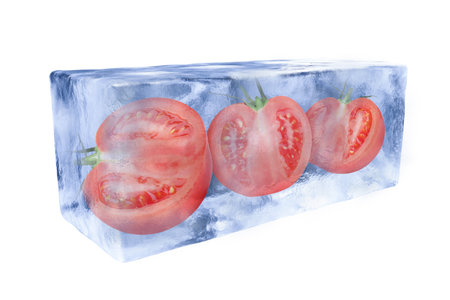Halves of fresh tomatoes in ice inside isolated on whiteの写真素材