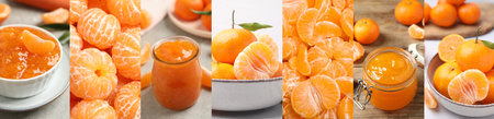 Collage with fresh tangerines, banner design. Citrus fruitの写真素材
