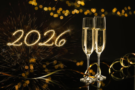 Happy New Year 2026 card. Glasses of sparkling wine, bokeh lights and fireworks on black backgroundの写真素材