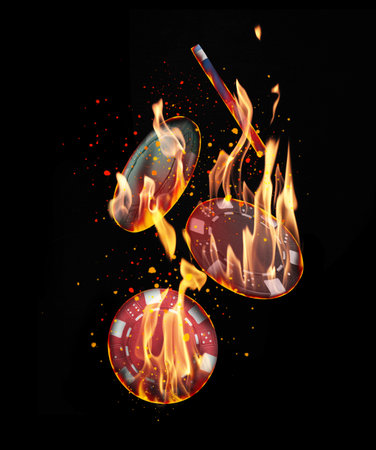 Poker chips in flames on black background. Gambling gameの写真素材