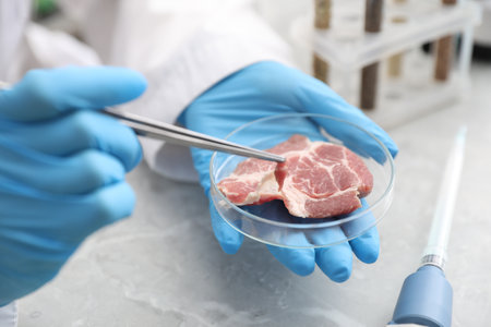 Scientist with sample of meat at table, closeupの写真素材
