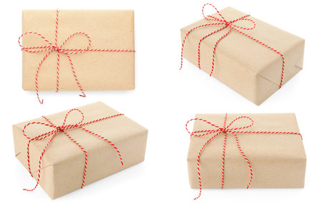 Gift box with bow isolated on white, collage