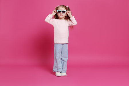 Cute little girl in sunglasses on pink backgroundの写真素材