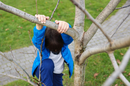 Little boy climbing tree in park. Child in dangerの写真素材