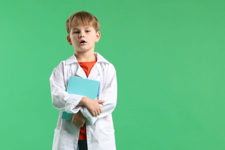 Cute little boy in laboratory coat with book on green background, space for text. Child and scienceの写真素材