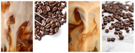 Coffee drinks and aromatic roasted beans, collage
