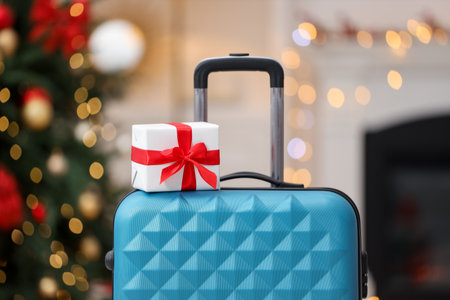 Christmas vacation. Suitcase and gift box indoors, closeupの写真素材