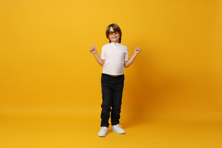 Boy with sunglasses posing on yellow backgroundの写真素材