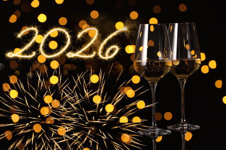 Happy New Year 2026 card with glasses of wine, bokeh lights and fireworks on black background