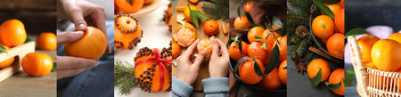 Collage with fresh tangerines, banner design. Christmas citrus fruitの写真素材