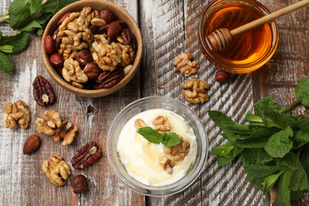 Delicious Greek yogurt with honey, nuts and mint on wooden table, flat layの写真素材