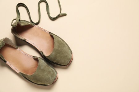 Pair of stylish shoes on beige background, top view. Space for textの写真素材