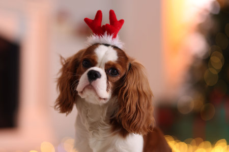 Cute dog in funny headband at home. Christmas atmosphereの写真素材