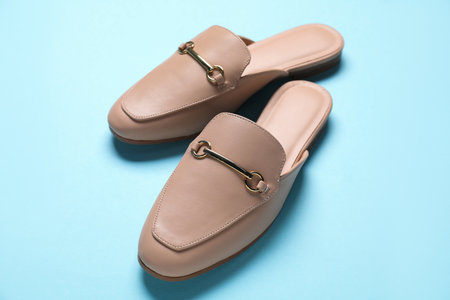Pair of stylish mule shoes on light blue background, closeup