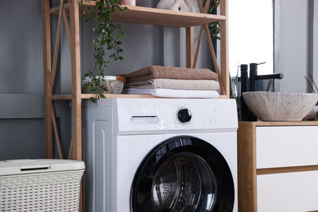 Modern washing machine, houseplant and clothes indoors