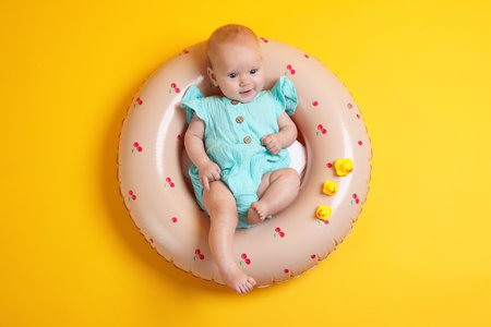 Cute little baby with toy ducks on inflatable ring against orange background, top viewの写真素材
