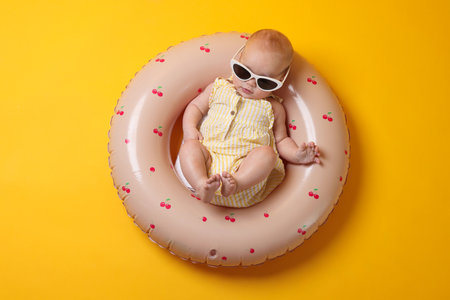 Cute little baby with sunglasses on inflatable ring against orange background, top viewの写真素材
