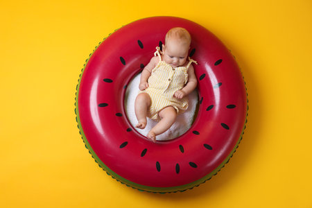 Cute little baby on inflatable ring against orange background, top viewの写真素材