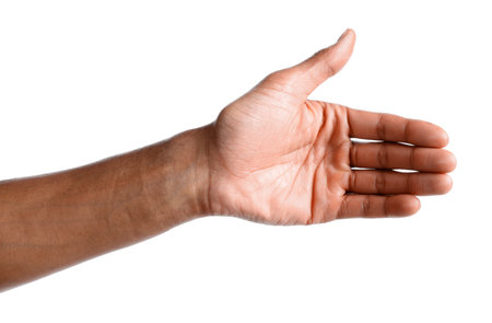 African-American man offering handshake on white background, closeupの写真素材