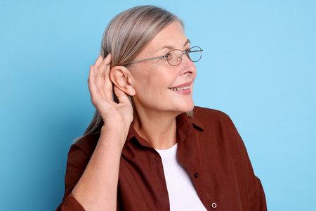 Senior woman showing hand to ear gesture on light blue background