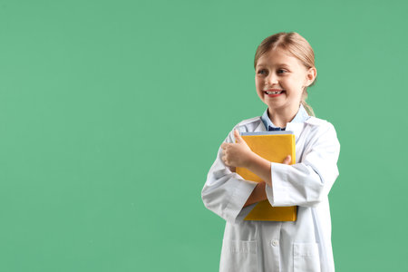 Happy little girl in laboratory coat with books on green background, space for text. Child and scienceの写真素材