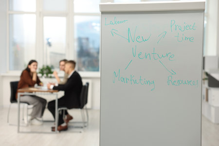 Colleagues discussing strategy in office, focus on whiteboard with business plan scheme