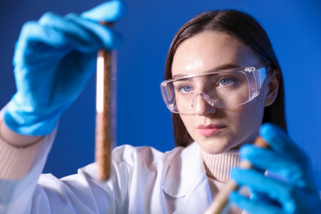 GMO concept. Scientist with grains in test tubes at laboratory, selective focus