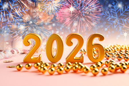 Merry Christmas and Happy New Year card with golden numbers 2026, fireworks and bokeh lights