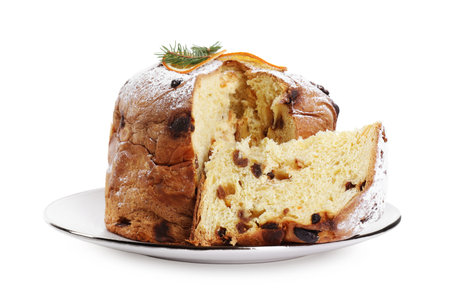 Tasty panettone cake isolated on white. Christmas foodの写真素材