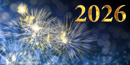 Merry Christmas and Happy New Year card with golden numbers 2026, fireworks and bokeh lights. Banner...