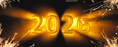 Merry Christmas and Happy New Year 2026. Greeting card with glowing golden numbers and sparklers....