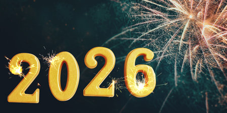 Merry Christmas and Happy New Year 2026. Greeting card with golden numbers and fireworks. Banner...