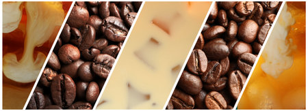 Coffee drinks and aromatic roasted beans, collageの写真素材