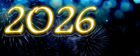 Merry Christmas and Happy New Year 2026. Greeting card with golden numbers, fireworks and bokeh...